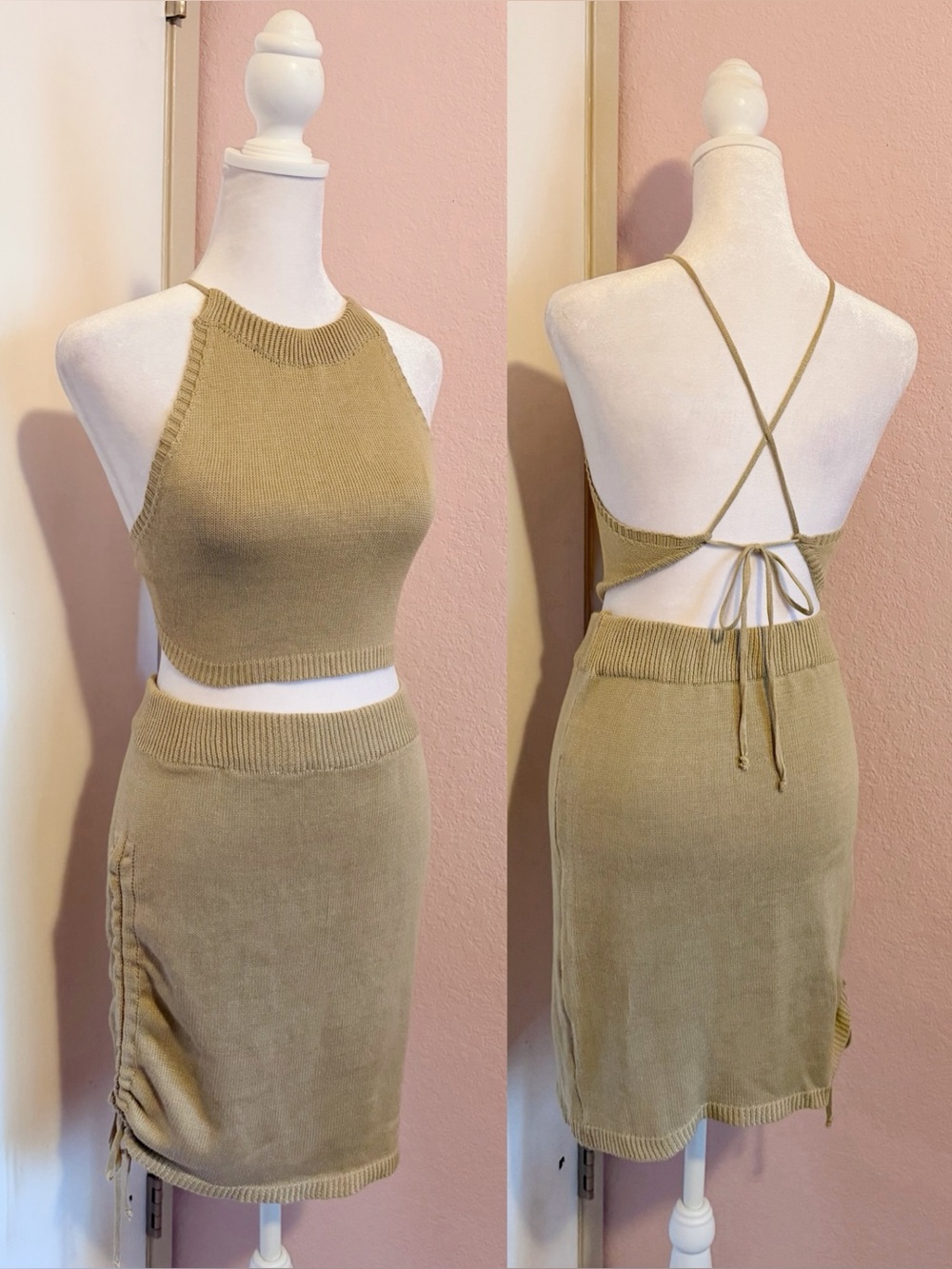 Knit Beige Tan Two Piece Criss Cross Open Back Tie Top & Skirt Set